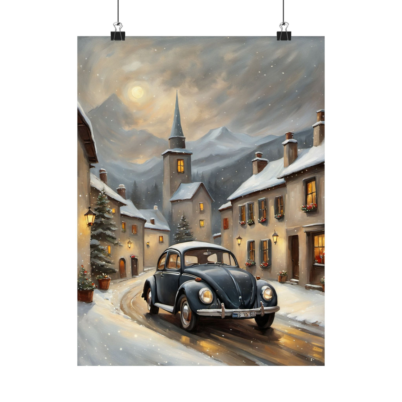 Vintage winter car poster featuring a classic vehicle in a snowy village setting
