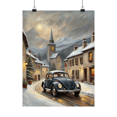 Vintage winter car poster featuring a classic vehicle in a snowy village setting