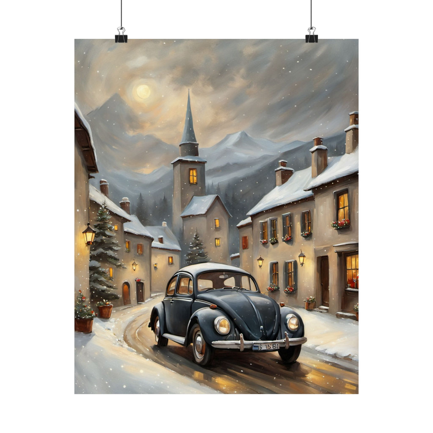 Vintage winter car poster featuring a classic black car in a snowy village scene