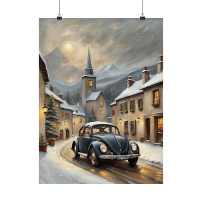 Vintage winter car poster depicting a classic car driving through a snowy village scene