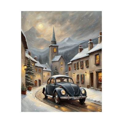 Vintage winter car poster featuring a retro car driving through a snowy village scene