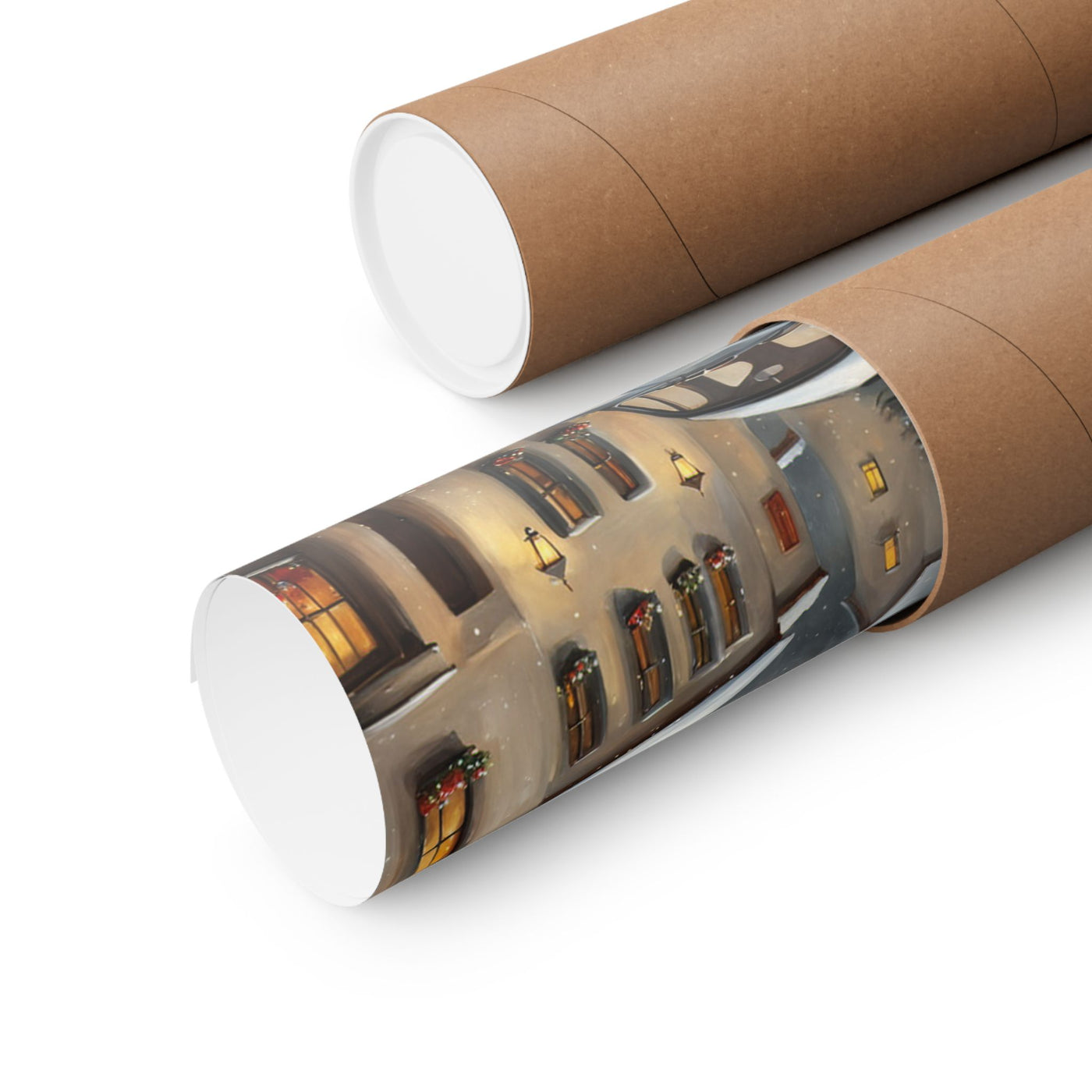 Vintage winter car poster rolled in a protective tube from Printify, showcasing a snowy street scene