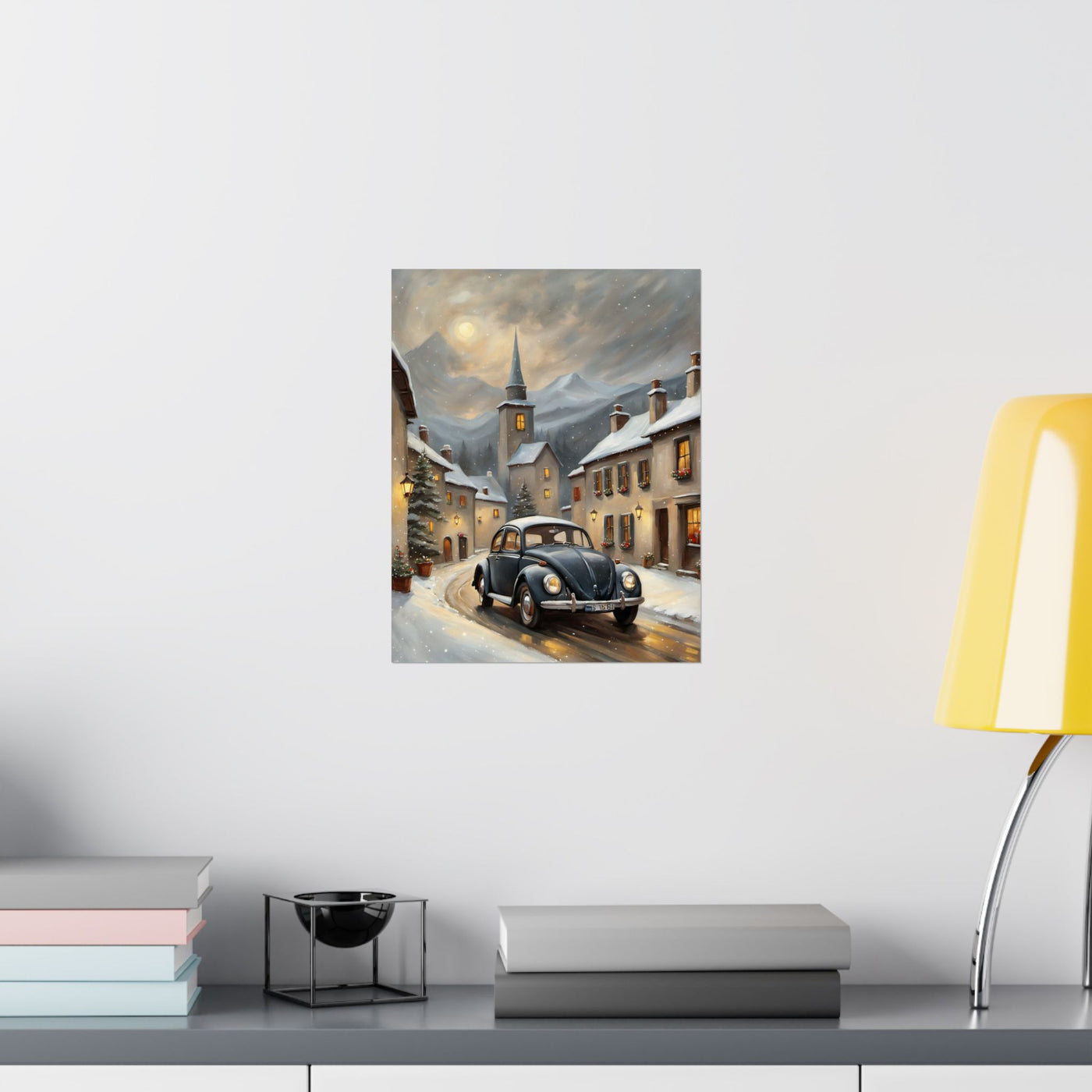 Vintage winter car poster featuring a classic car driving through a snowy village scene