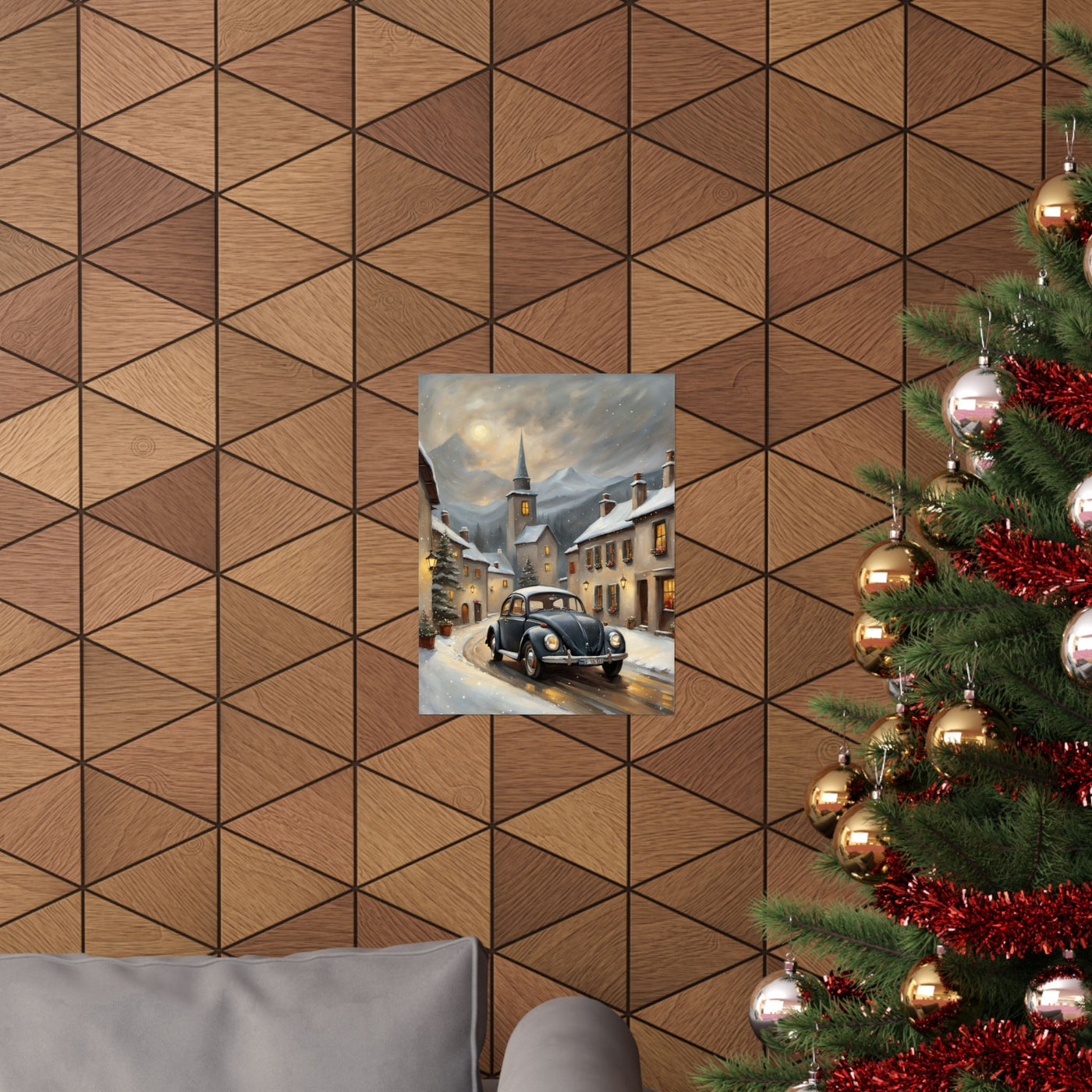 Vintage winter car poster showcasing a classic car in a snowy village setting