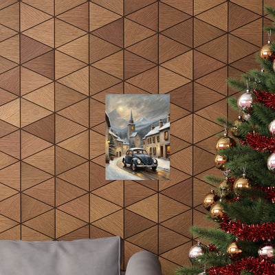 Vintage winter car poster showcasing a classic car in a snowy village setting