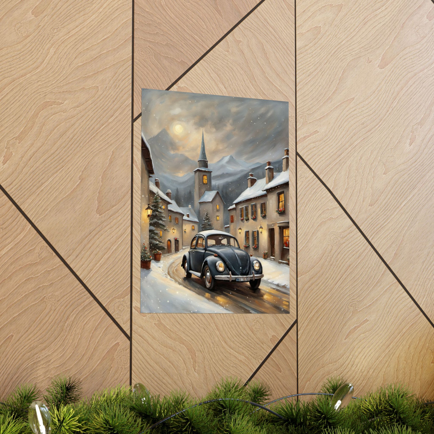Vintage winter car poster featuring a retro car in a snowy village scene