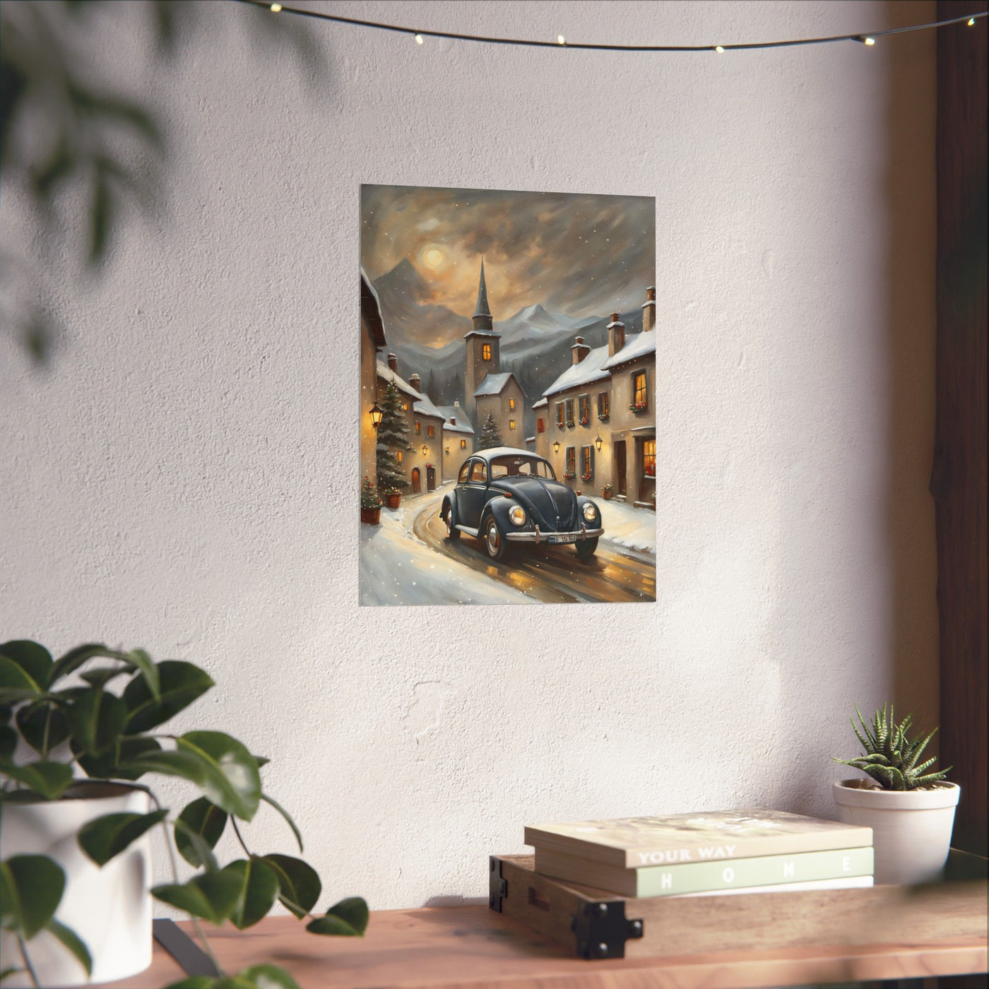 Vintage winter car poster showcasing a snowy village scene with a classic car on a winding road