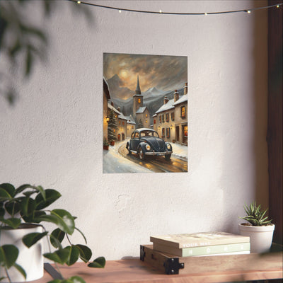 Vintage winter car poster showcasing a snowy village scene with a classic car on a winding road