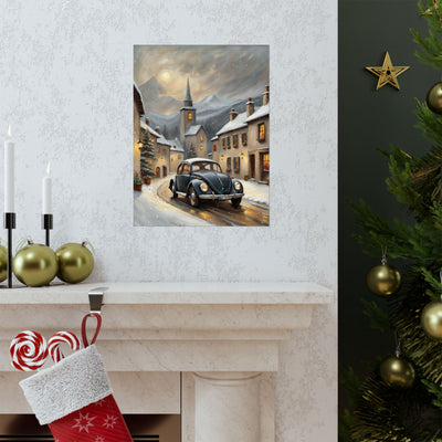Vintage winter car poster featuring a classic car in a snowy village scene