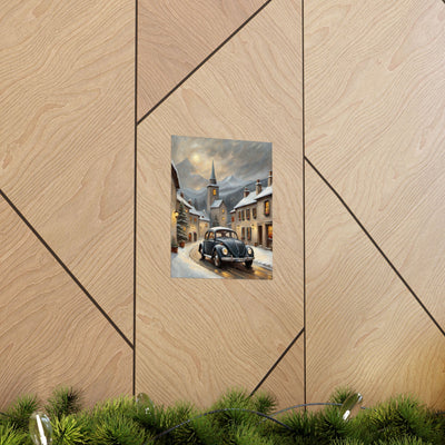 Vintage winter car poster featuring a classic car on a snowy street with charming buildings