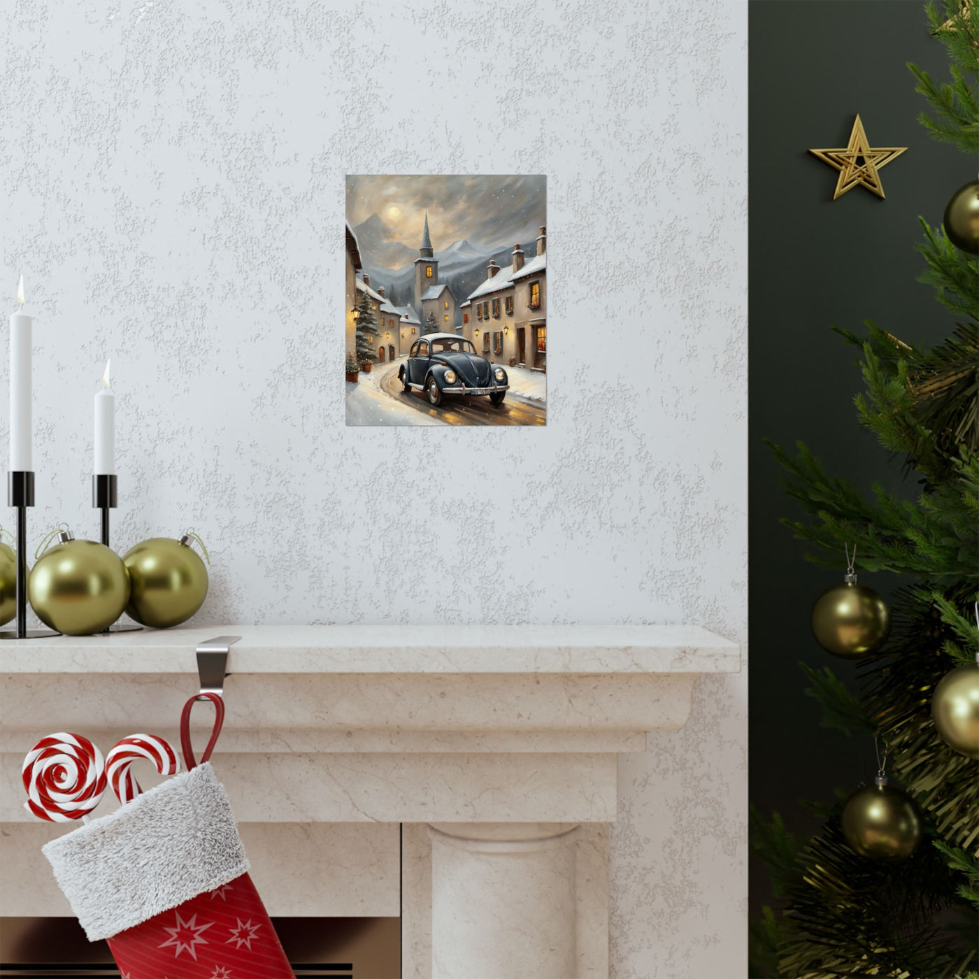 Vintage winter car poster featuring a nostalgic car in a snowy village scene