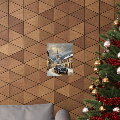 Vintage winter car poster featuring a classic car in a snowy village scene on a stylish wall