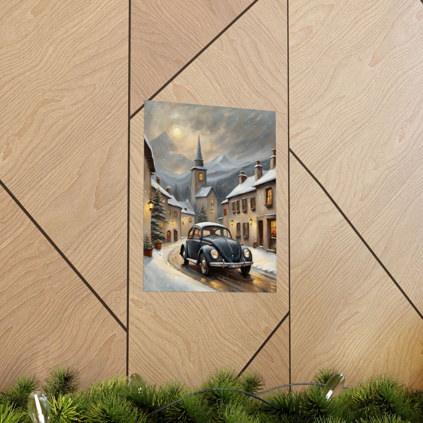 Vintage winter car poster featuring a classic car in a snowy village setting