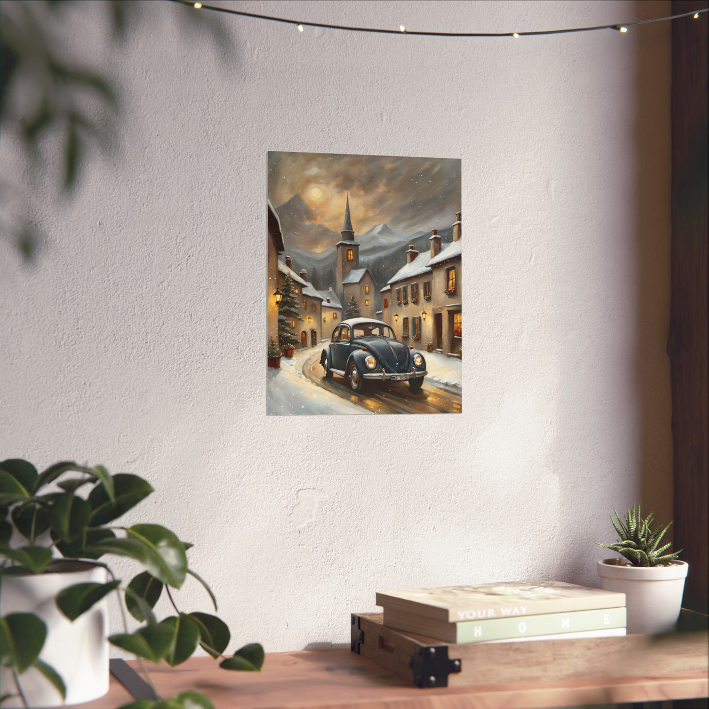 Vintage winter car poster depicting a charming scene with a snowy village and classic car