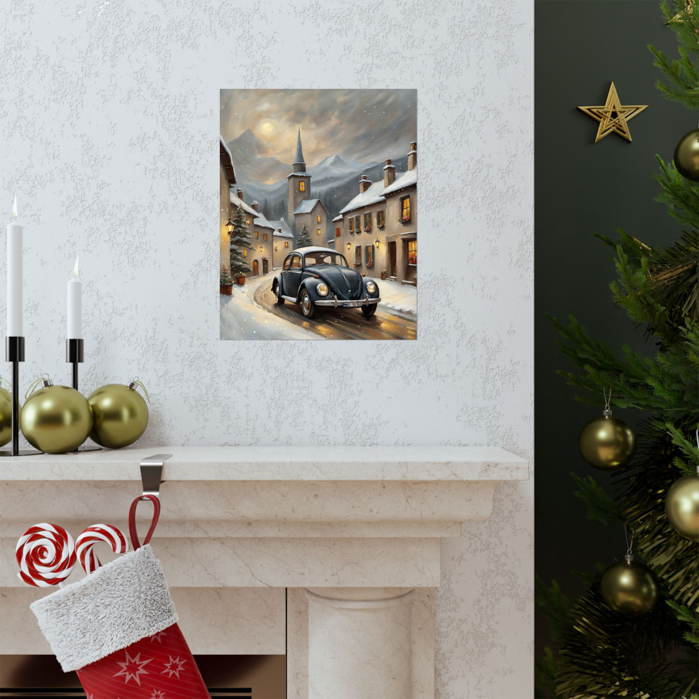 Vintage winter car poster featuring a old car in a snowy village scene