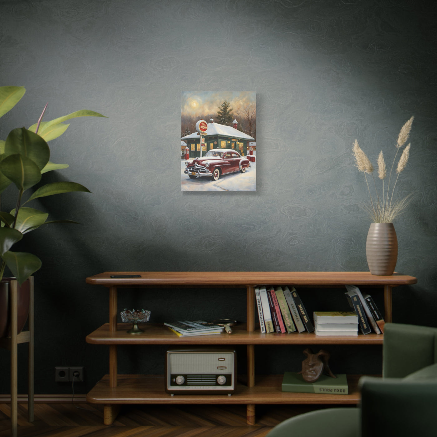 Vintage Winter Scene Canvas featuring a classic car at a gas station with snow-covered trees