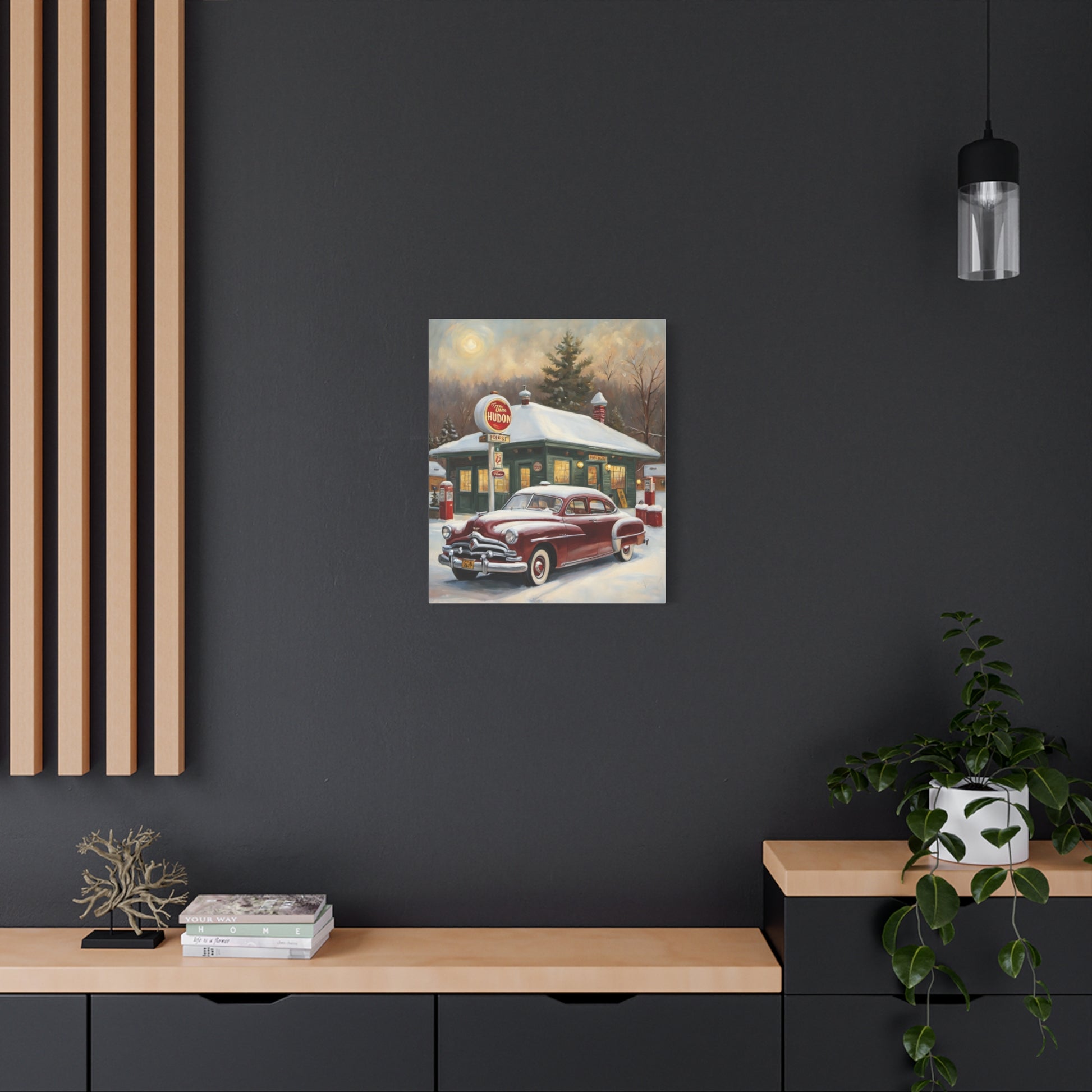 Vintage Winter Scene Canvas featuring a classic car by a snow-covered gas station