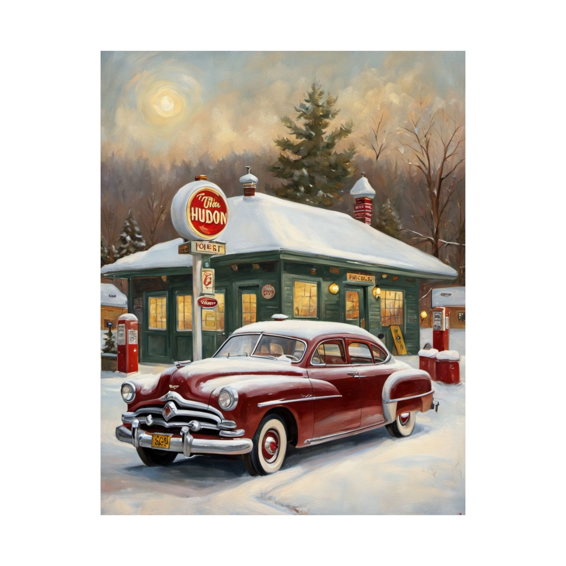Vintage Winter Scene Posters featuring a classic car in a snowy landscape with a vintage gas station