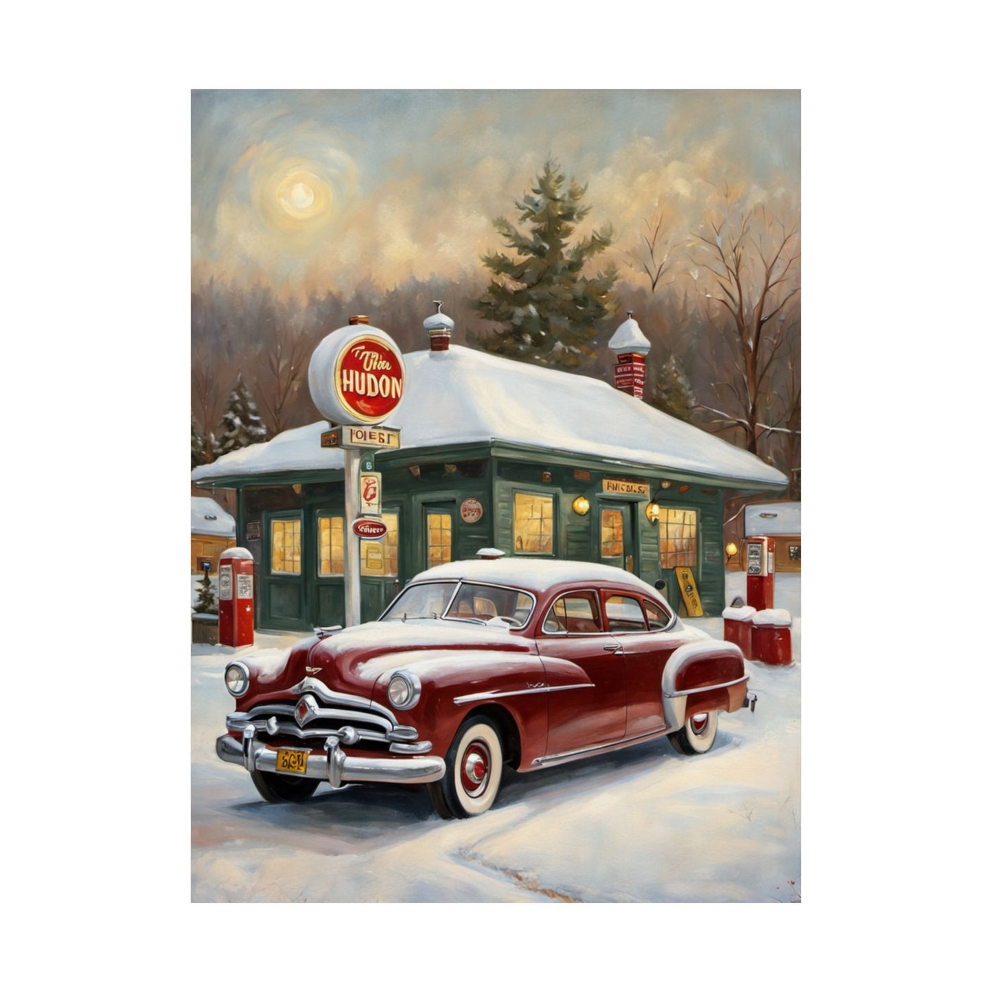 Vintage Winter Scene Posters featuring a classic red car at a snowy gas station