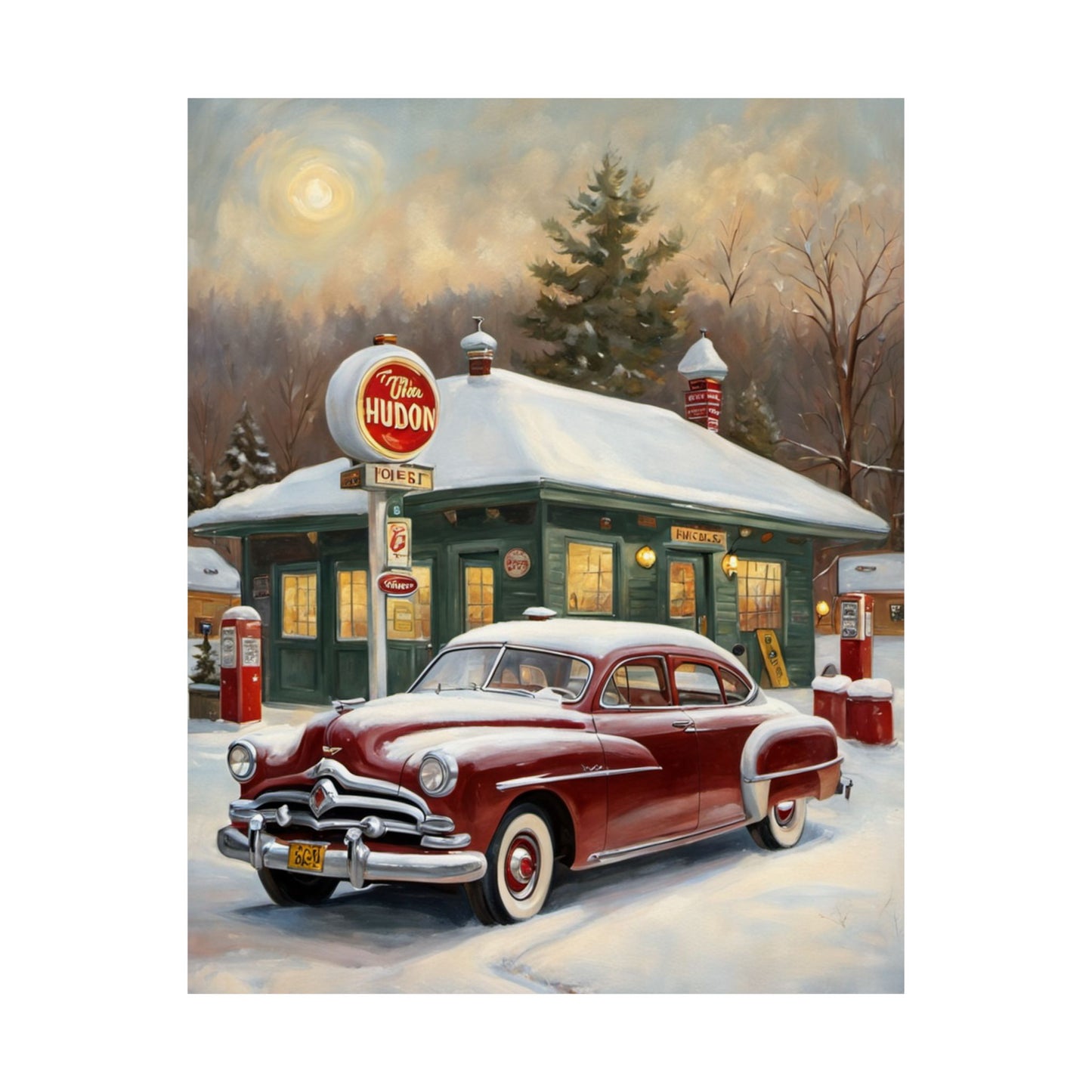Vintage Winter Scene Posters featuring a classic car near a snow-covered gas station