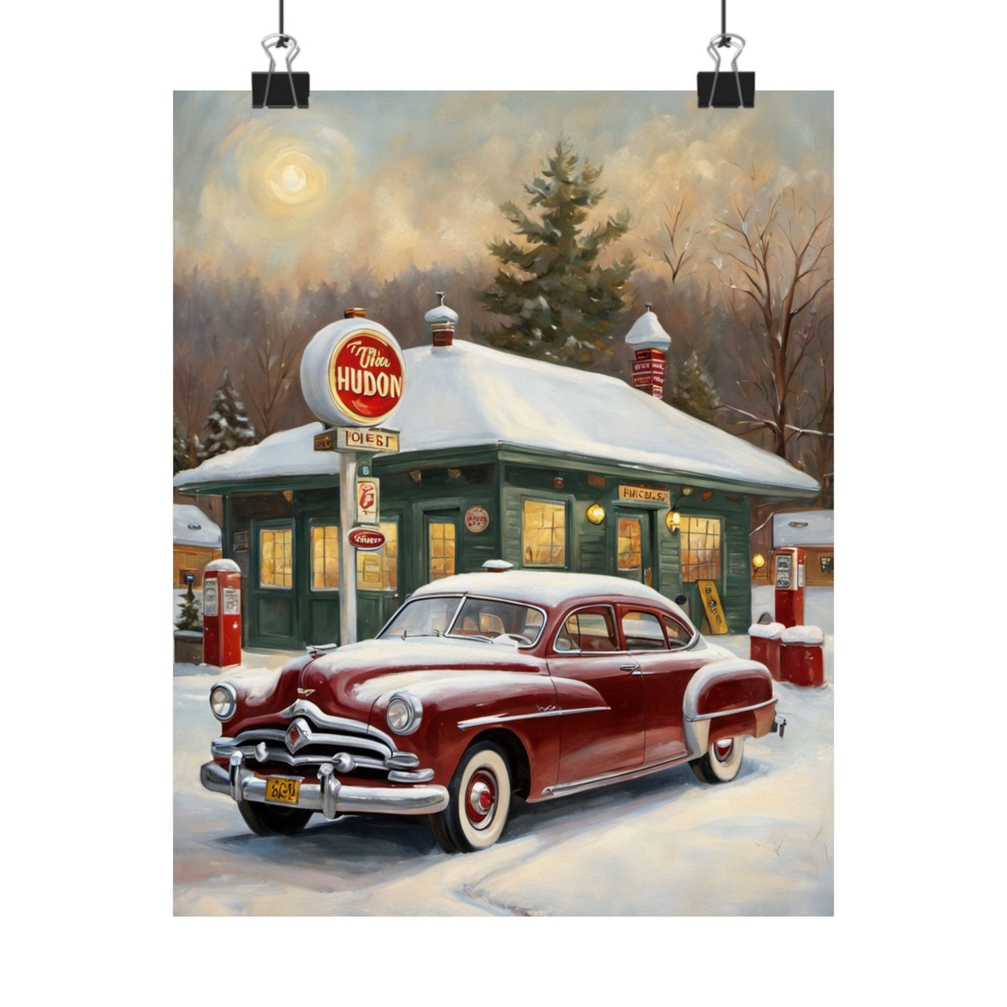Vintage Winter Scene Posters featuring a classic car at a gas station in a snowy landscape