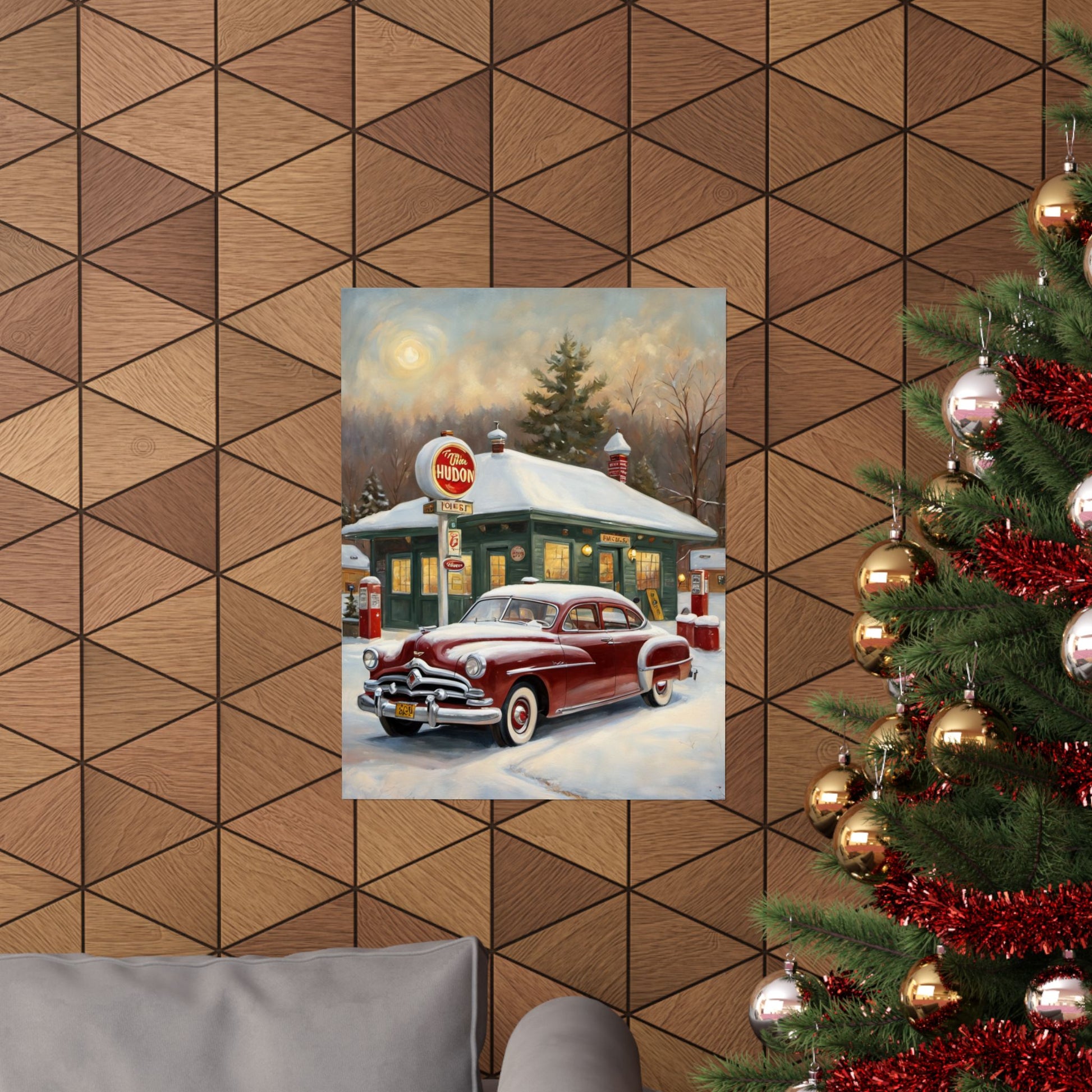 Vintage Winter Scene Posters featuring a classic car in front of a vintage gas station in the snow