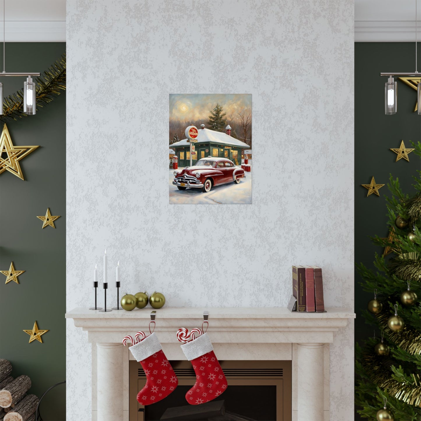 Vintage Winter Scene Posters featuring a classic car at a snowy gas station decorated for the holidays