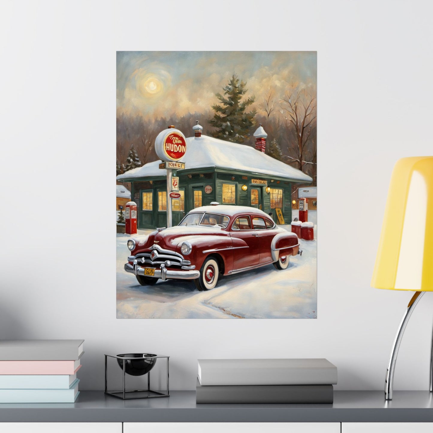 Vintage Winter Scene Posters featuring a classic car at a gas station in a snow-covered landscape