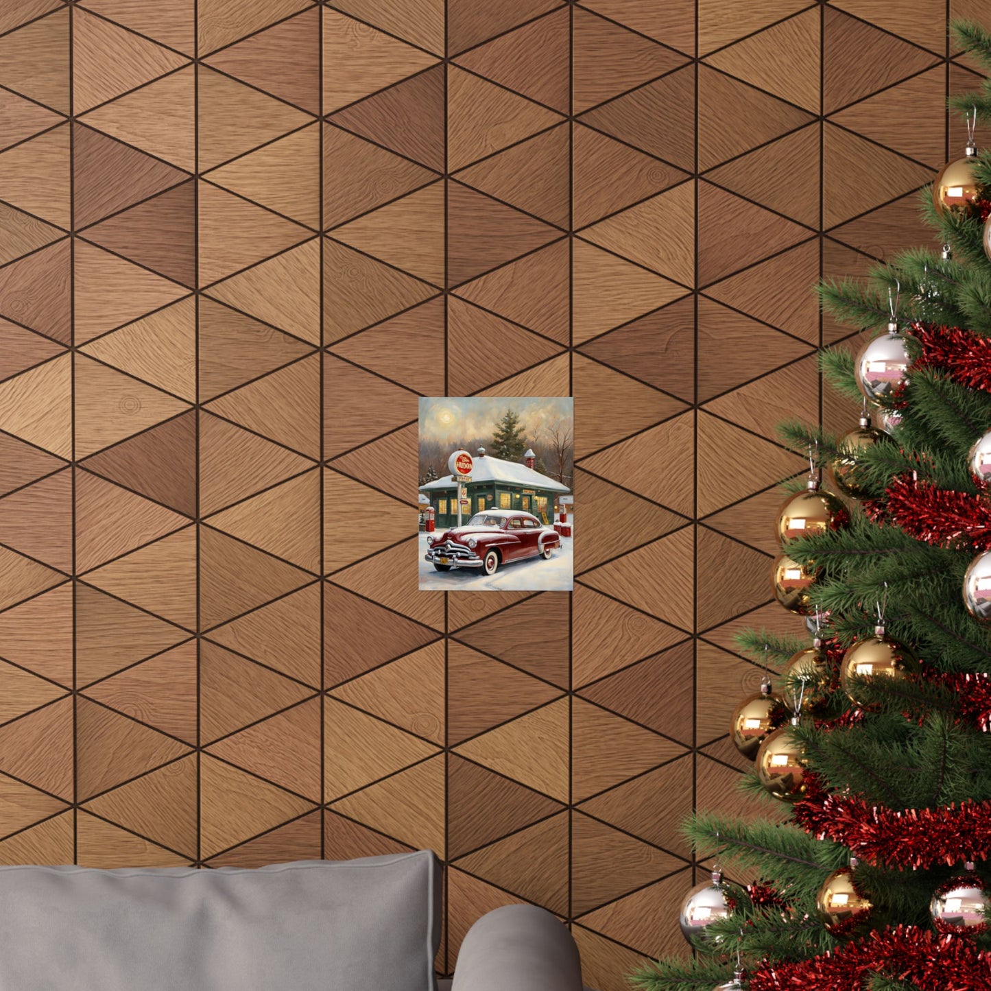 Vintage Winter Scene Posters displayed on a geometric patterned wall with a decorated Christmas tree