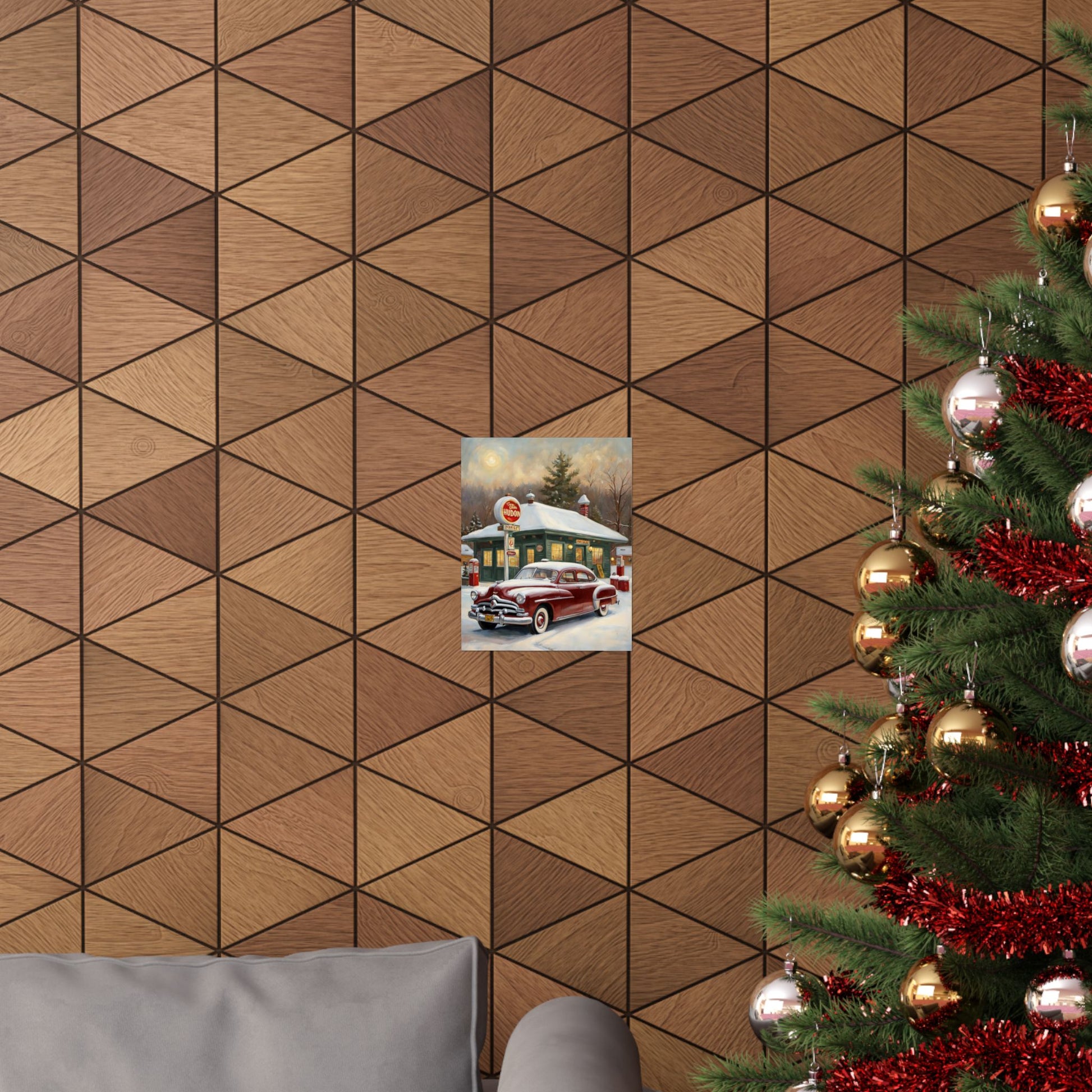 Vintage Winter Scene Posters displayed on a geometric patterned wall with a decorated Christmas tree