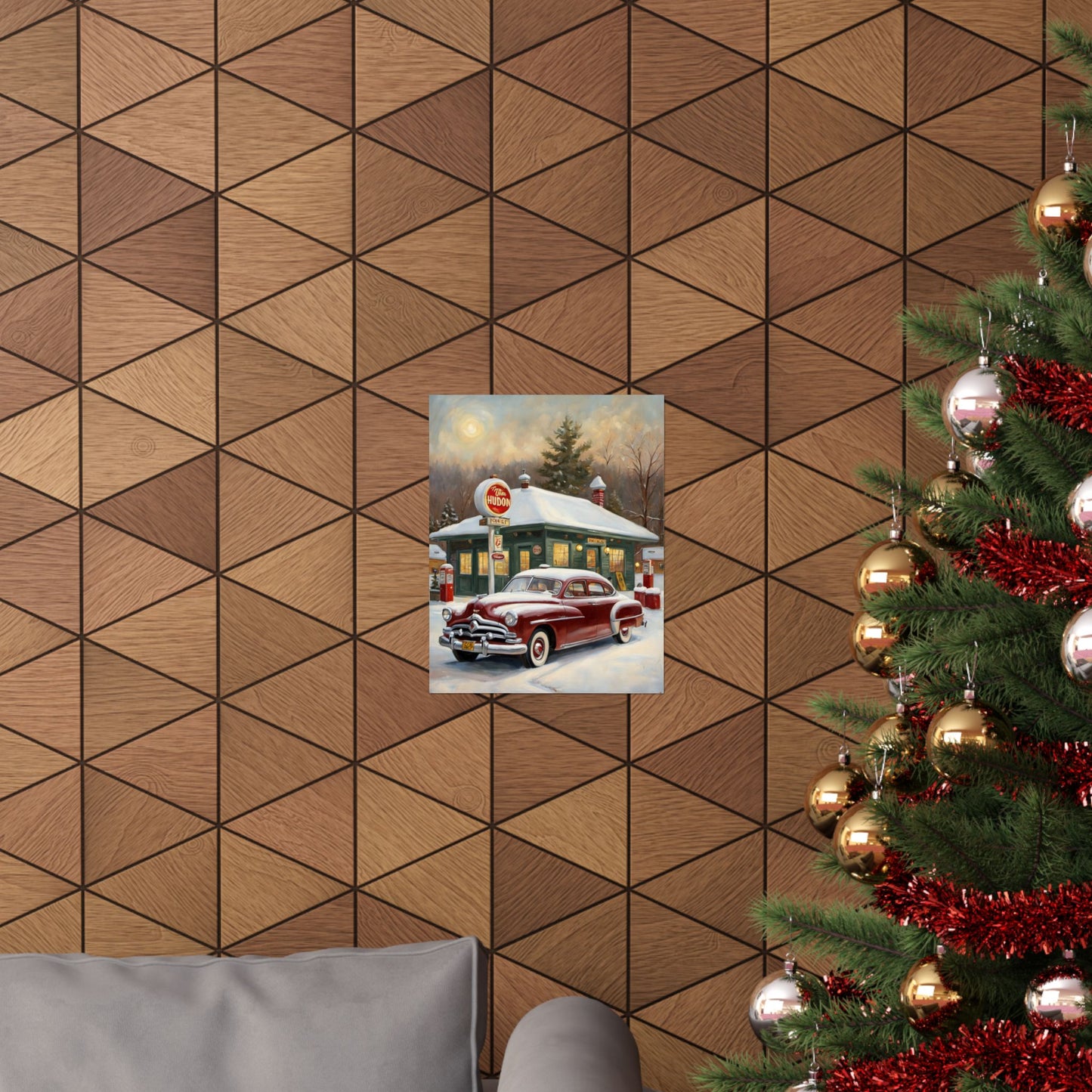 Vintage Winter Scene Posters featuring a classic car near a snowy cabin with a festive atmosphere