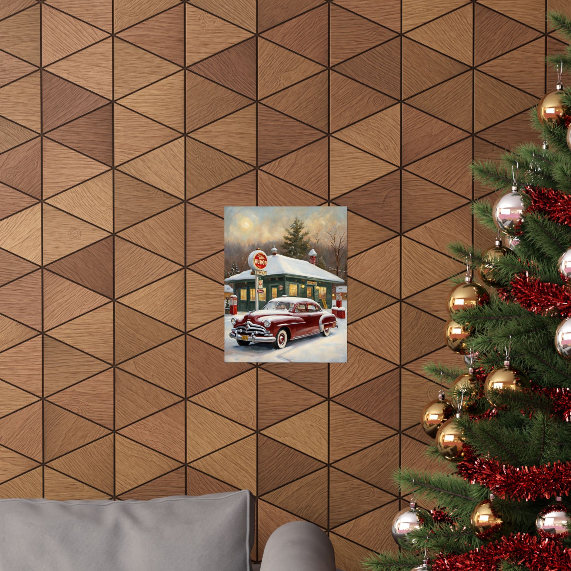 Vintage Winter Scene Posters featuring a classic car near a snowy cabin with a festive atmosphere