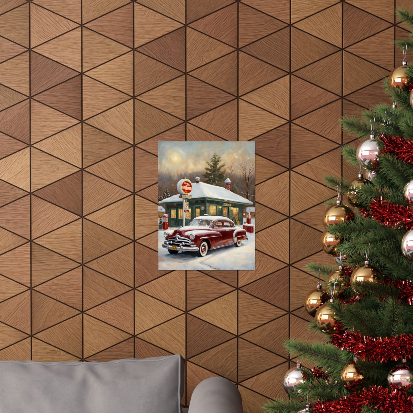 Vintage Winter Scene Posters featuring a classic car in front of a snowy gas station