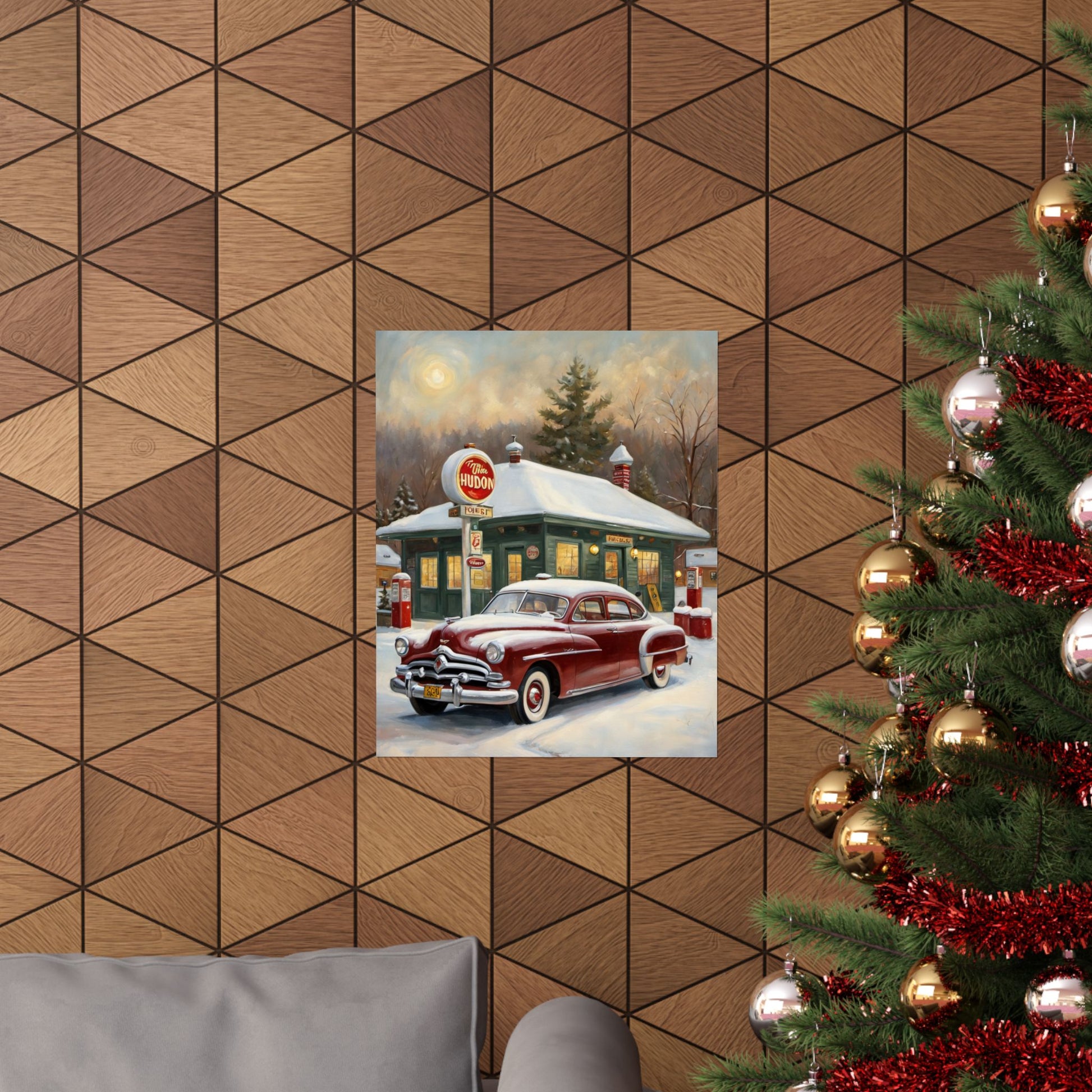 Vintage Winter Scene Posters featuring red car by a snow-covered gas station in a cozy setting