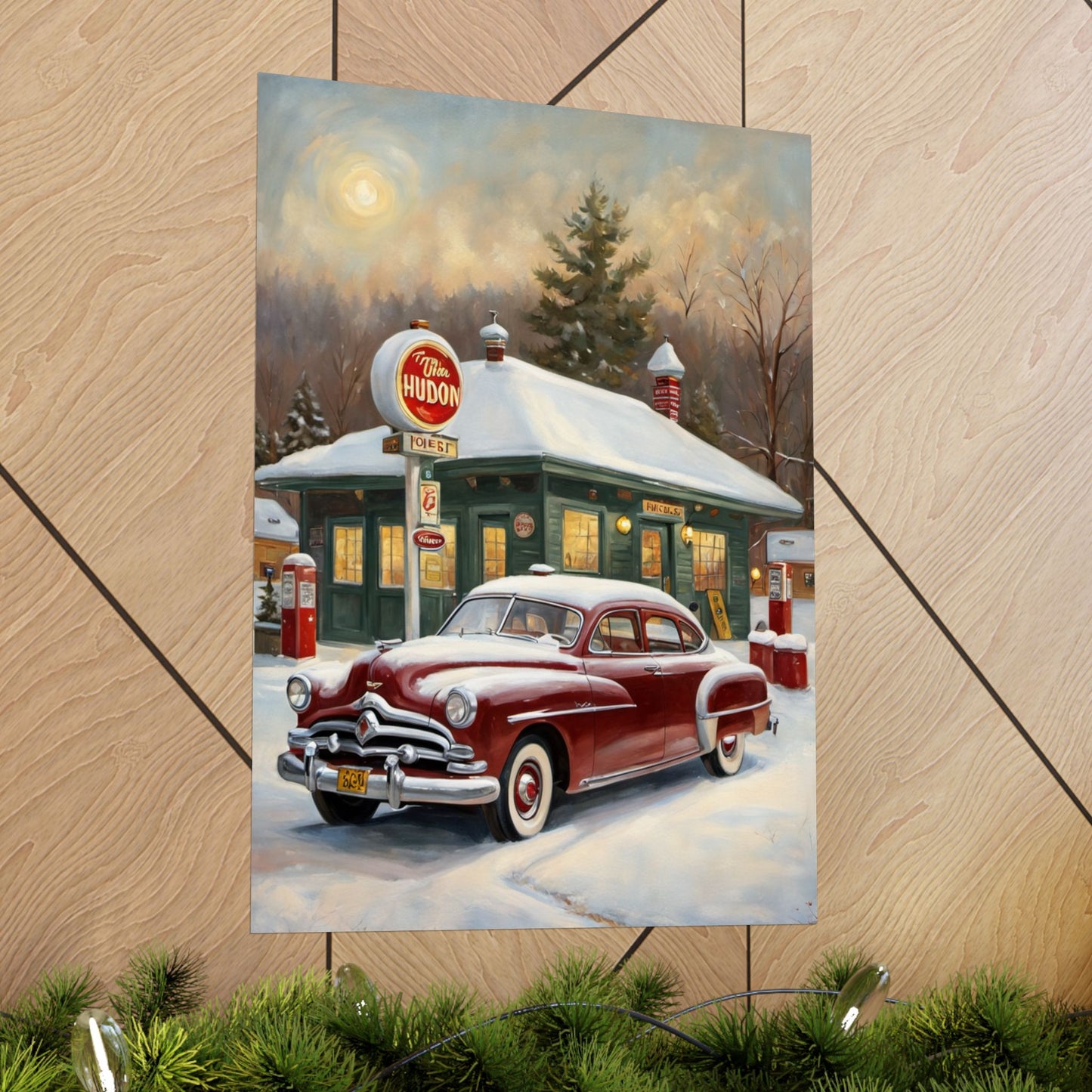 Vintage Winter Scene Posters featuring a classic red car near a snowy gas station