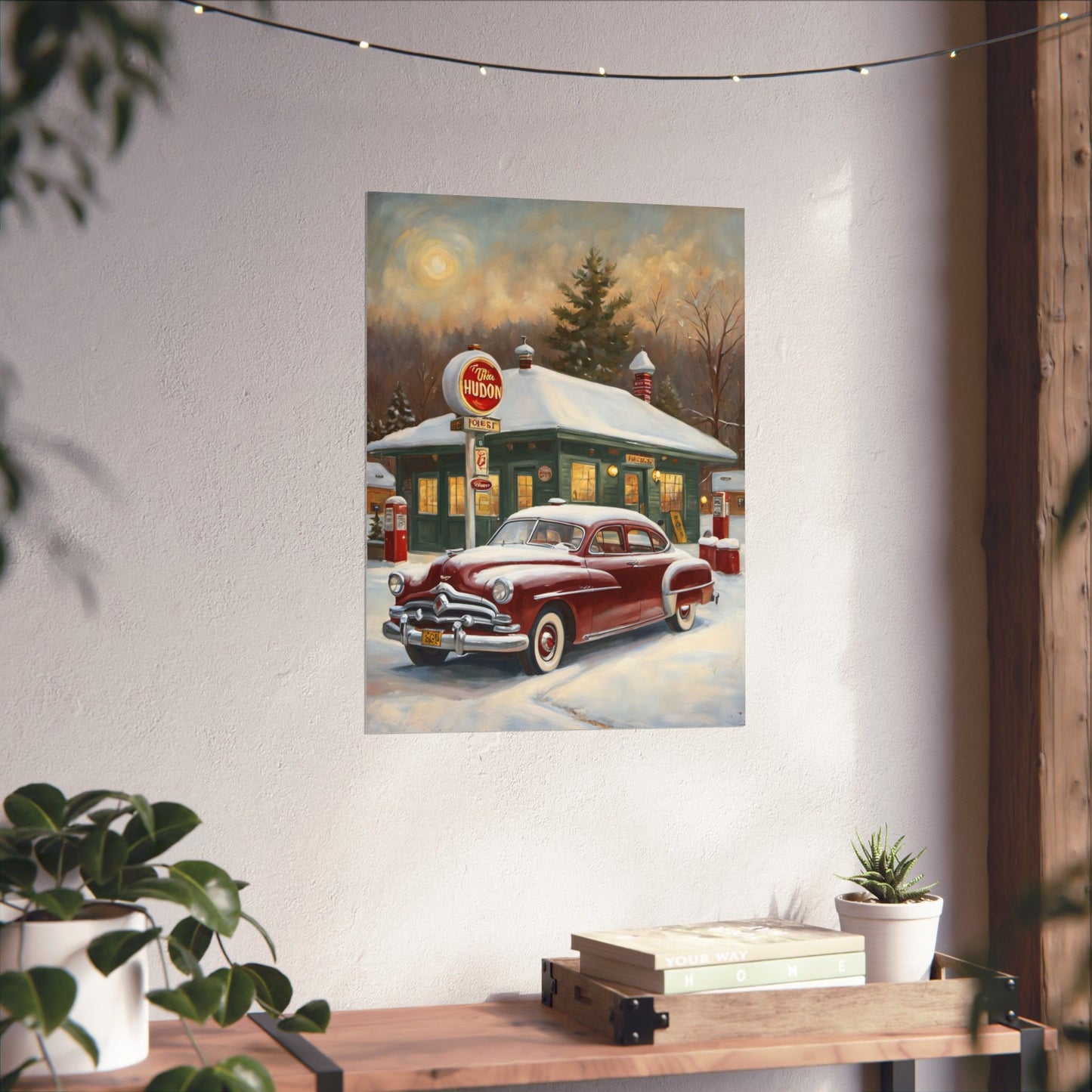 Vintage Winter Scene Posters featuring a classic car near a rustic gas station in a snowy landscape