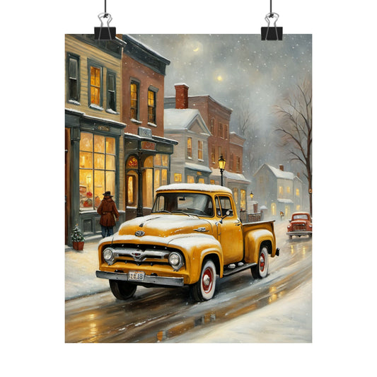 Vintage Winter Truck Poster featuring a retro yellow truck on a snowy street with charming shops