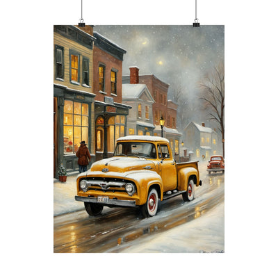 Vintage Winter Truck Poster featuring a classic yellow truck in a snowy street scene