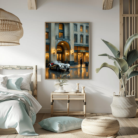 1950s vintage car wall art displayed in a modern bedroom with neutral decor and natural lighting
