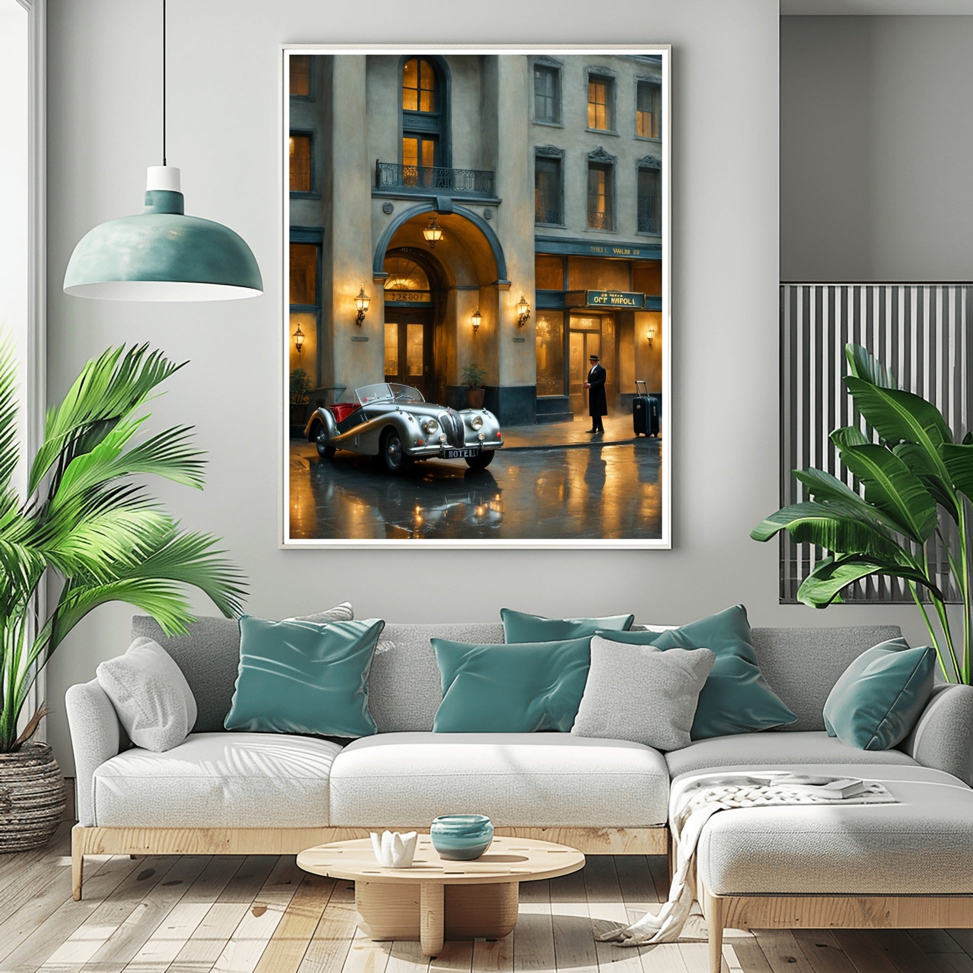 1950s vintage car wall art featuring a classic car outside a vintage building in a modern living room