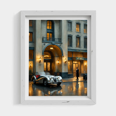 1950s vintage car wall art featuring a classic car parked outside an illuminated historic building