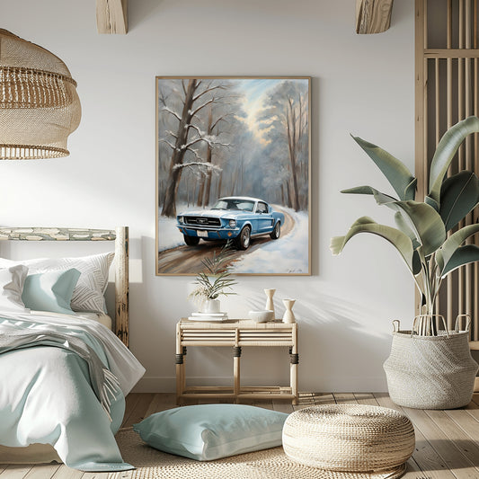 Winter forest classic car print by AquilVision displayed above bedside table in cozy modern bedroom