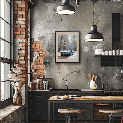 Winter forest classic car print framed artwork displayed on a rustic kitchen wall by AquilVision