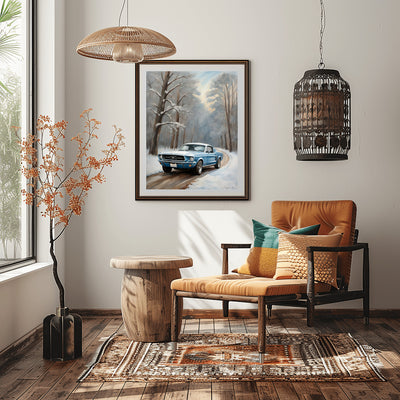 Winter forest classic car print digital artwork by AquilVision displayed in cozy modern living room