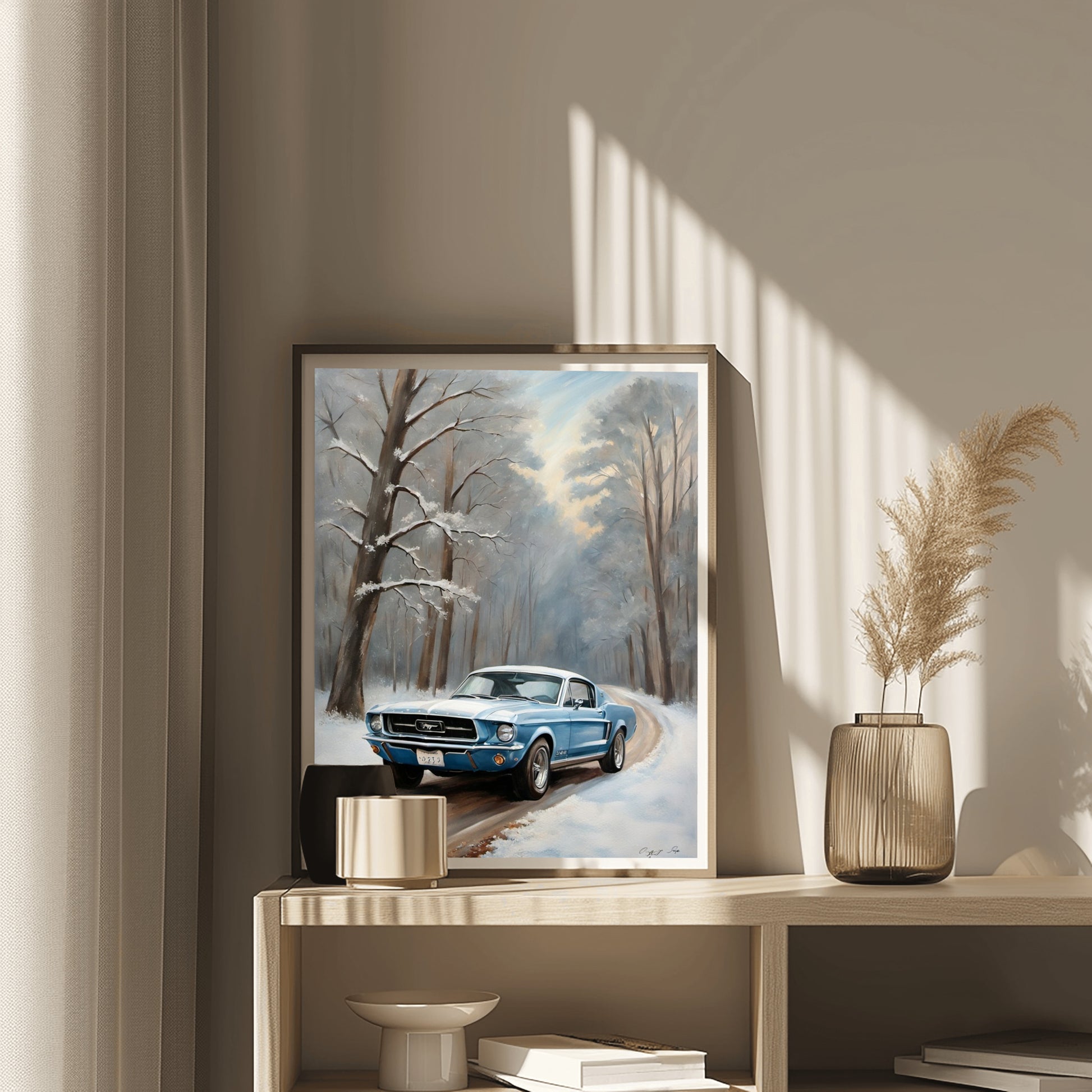 Winter forest classic car print featuring a blue vintage car on a snowy forest road by AquilVision