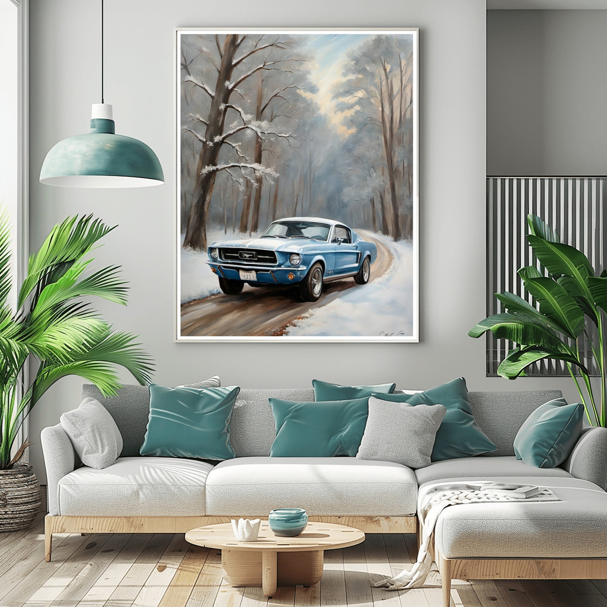 Winter forest classic car print digital artwork by AquilVision hanging in modern living room