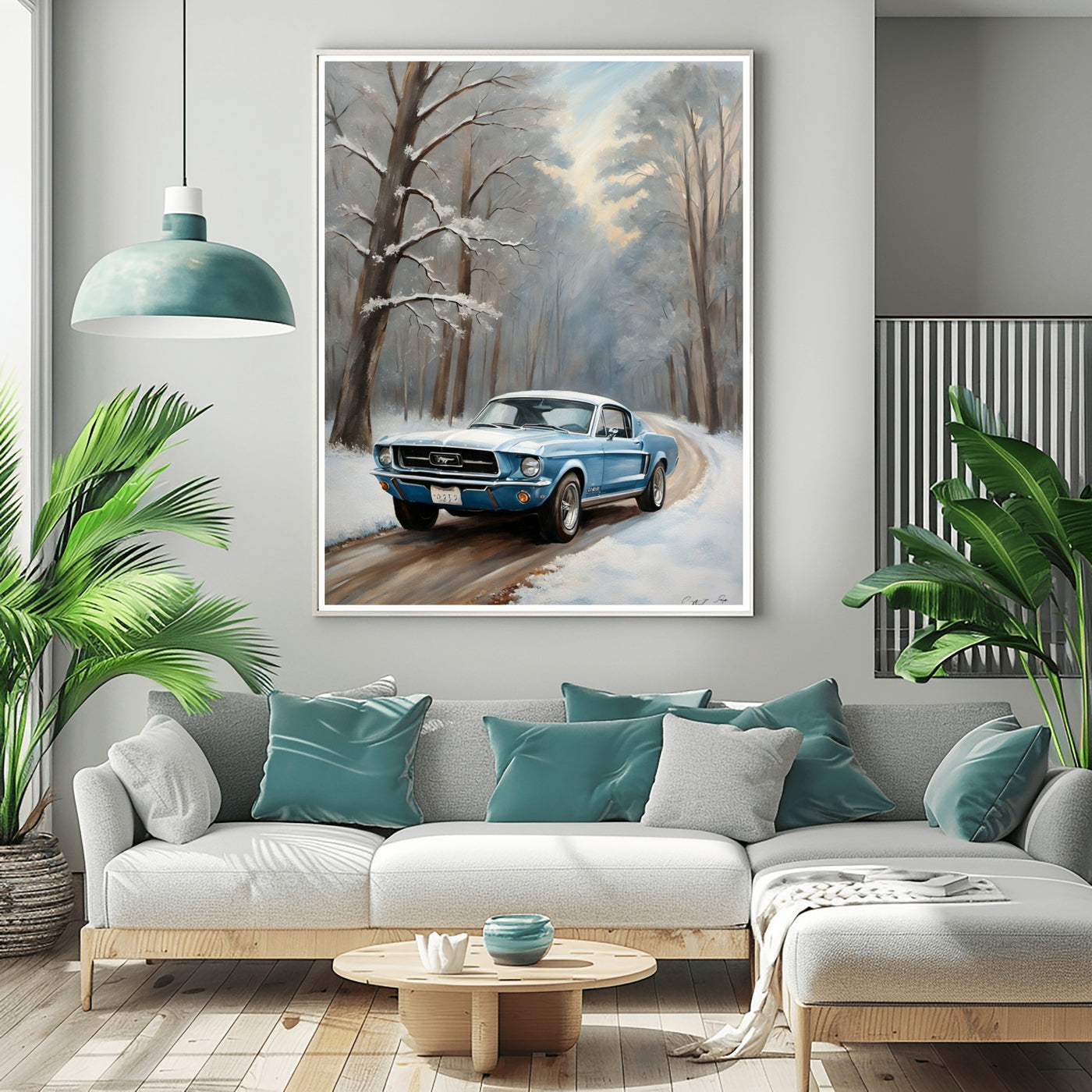 Winter forest classic car print digital artwork by AquilVision hanging in modern living room