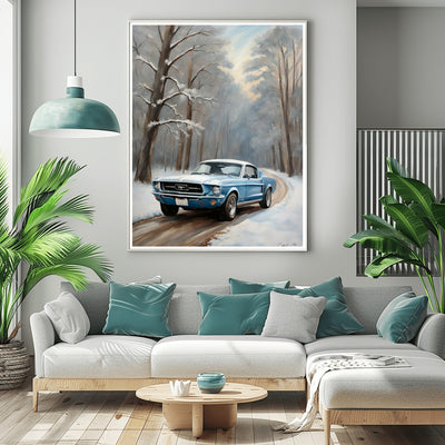 Winter forest classic car print digital artwork by AquilVision hanging in modern living room
