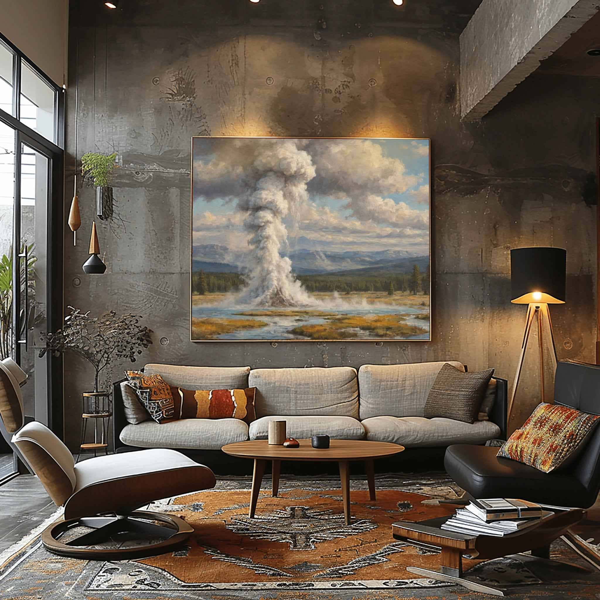 A dramatic oil painting of the Old Faithful geyser erupting in Yellowstone National Park, featuring a massive plume of steam rising into a cloud-filled blue sky over a scenic valley with pine trees and mountains in the background.