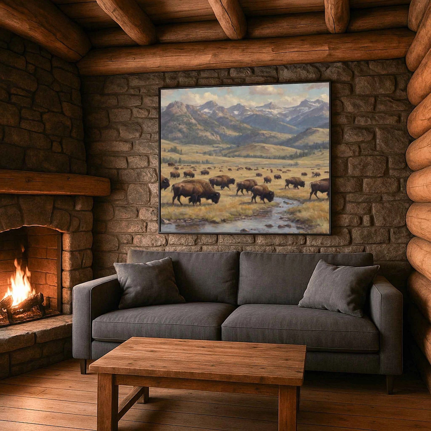 Yellowstone-Erbe: Majestätische Bisonherde im Lamar Valley Ölgemälde
